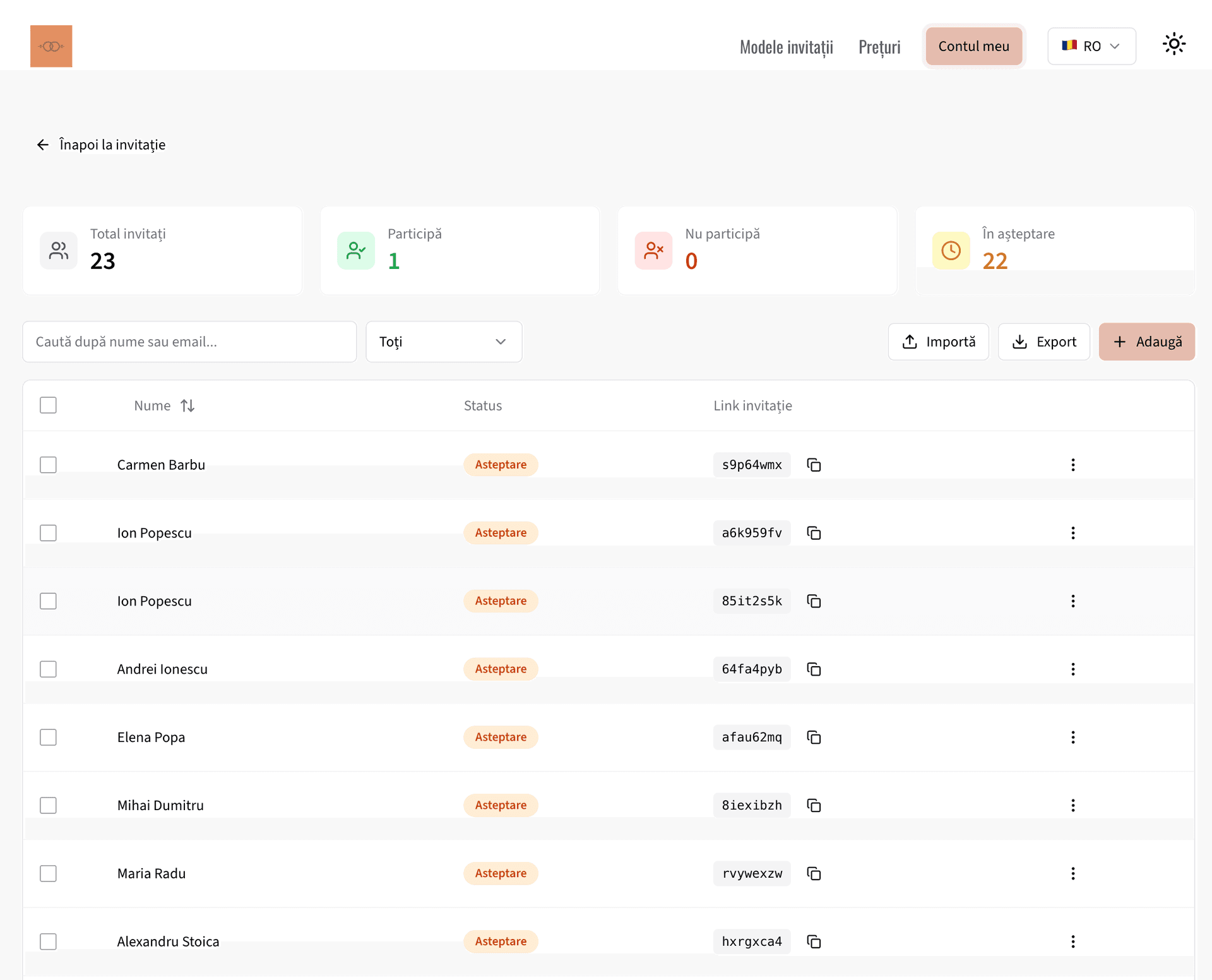 Dashboard-ul cu lista de invitati si confirmarile RSVP pe Saventify