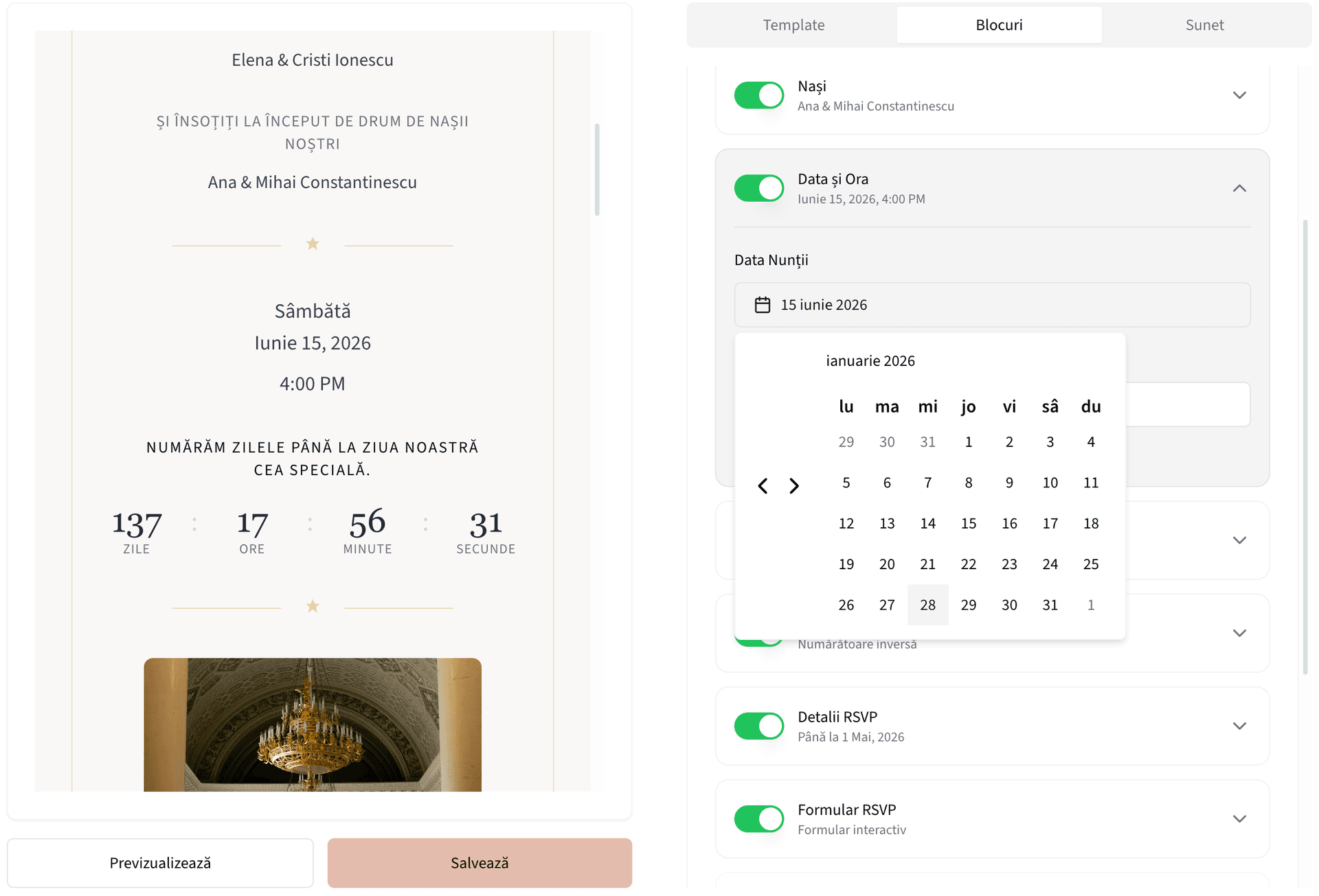 Editorul de personalizare Saventify cu optiuni pentru fiecare sectiune
