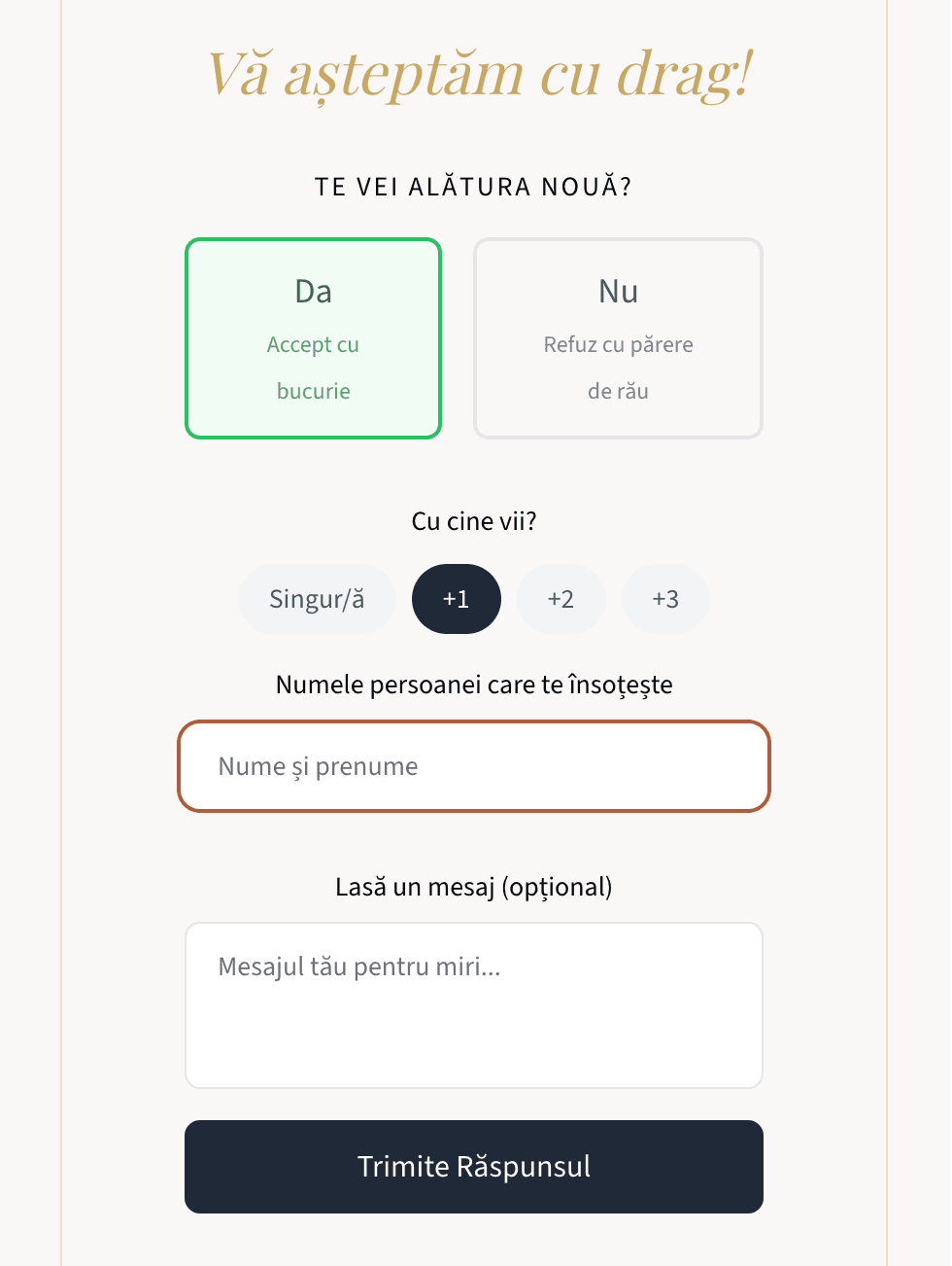 Formularul de RSVP complet din Saventify cu confirmare, numar de persoane si mesaj