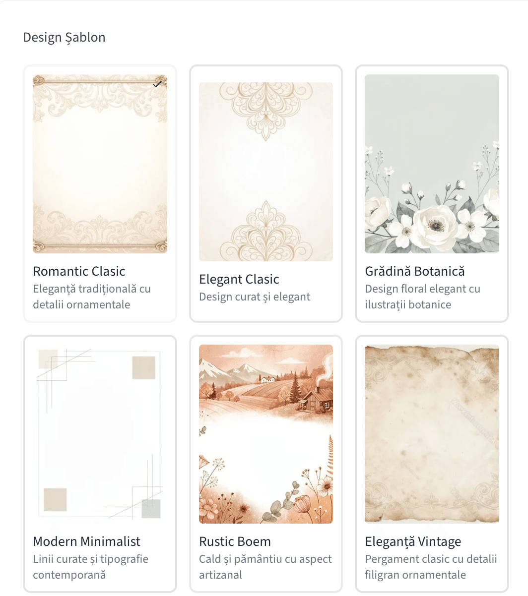 Galeria de template-uri pentru invitatii de nunta digitale pe Saventify